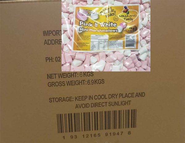 Pink and White Mini Marshmallows 800g -  8 pack Bulk Carton