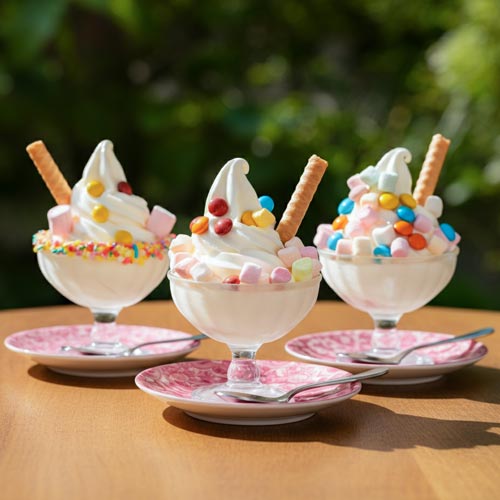 3 soft serve ice creams with colourful candy toppings