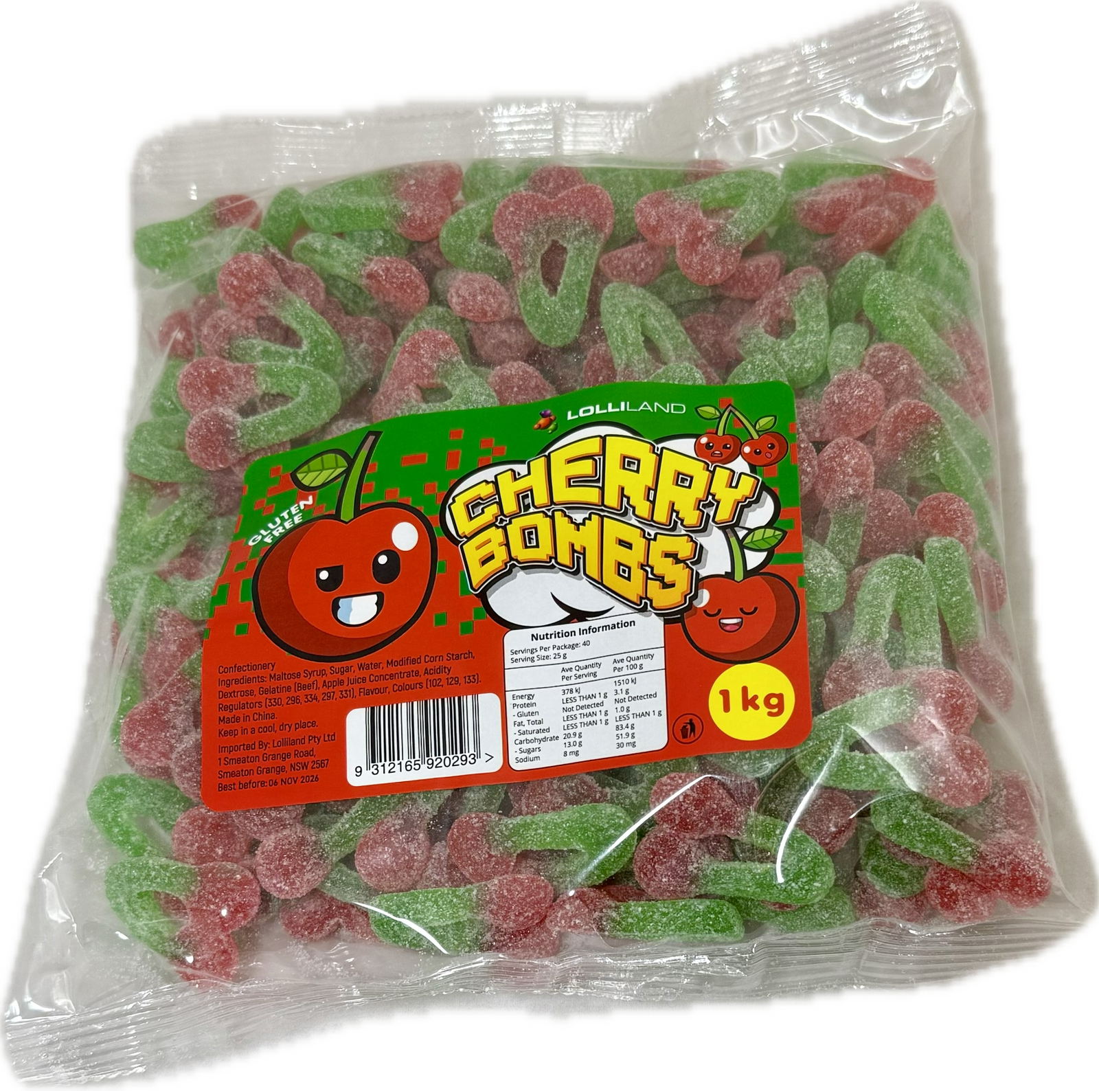 Gummi Sour Cherry Bombs- Gluten Free - 1kg