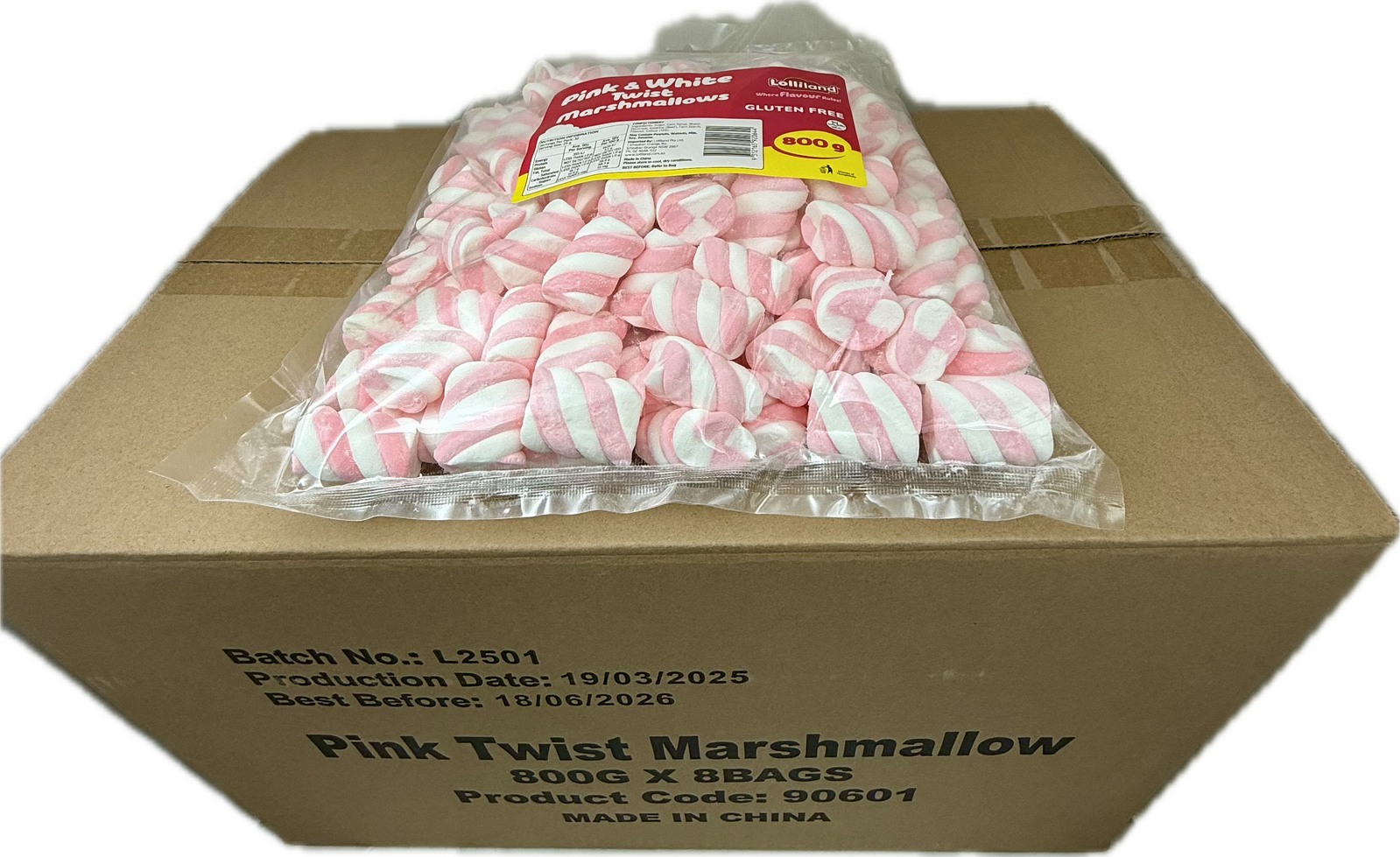 Pink & White Marshmallow Twists 800g -  8 pack Bulk Carton
