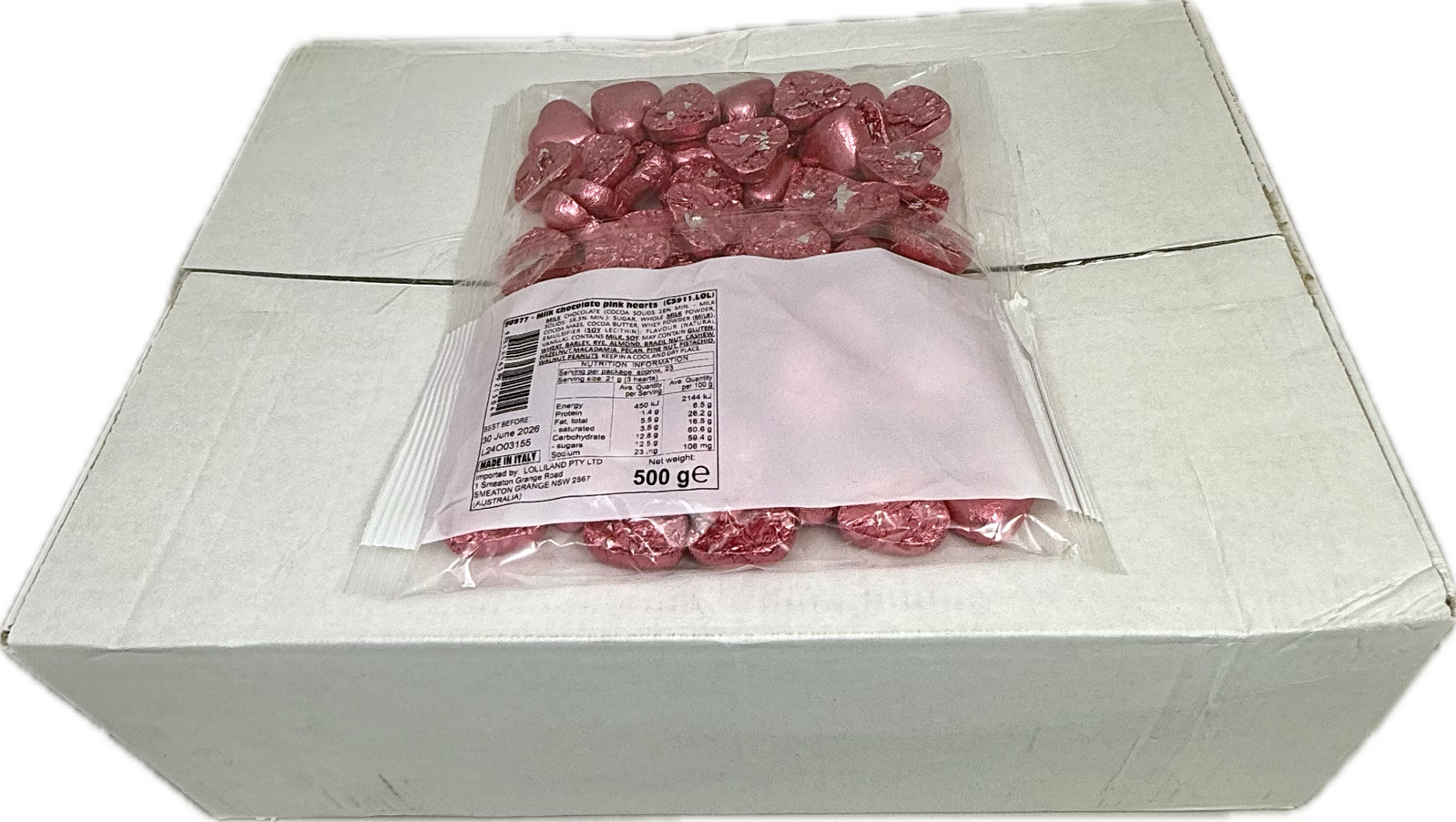Pink Chocolate Hearts 500g Carton of 12 ( Best Before - June 30