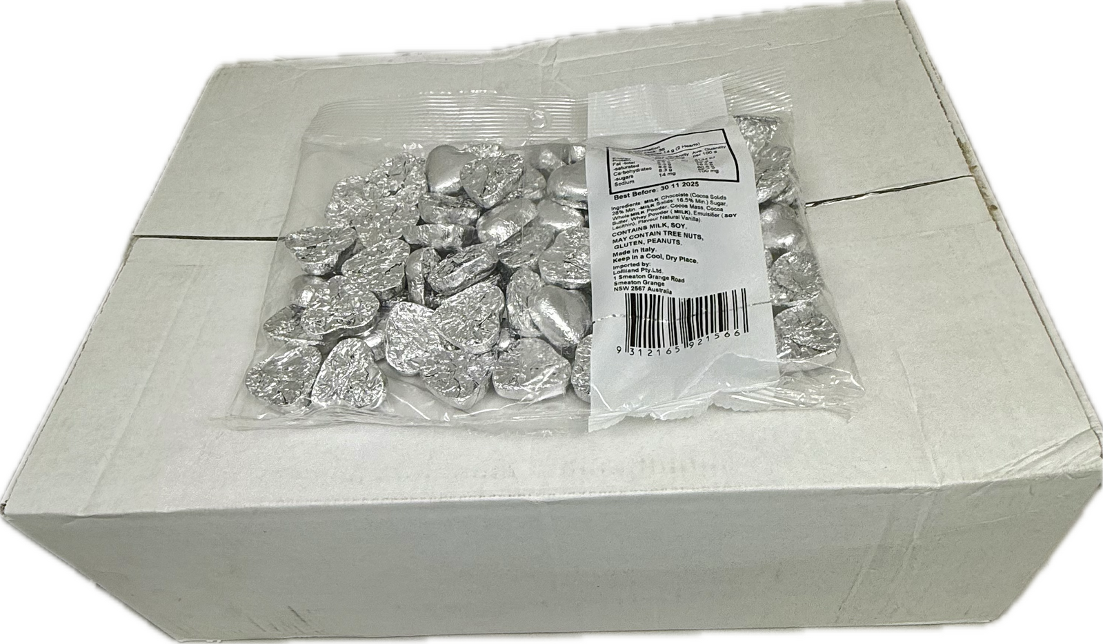 Silver Chocolate Hearts 500g Carton of 12