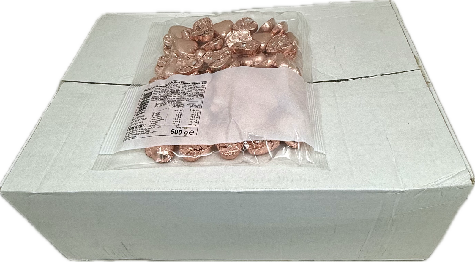 Rose Gold Chocolate Hearts 500g Carton of 12