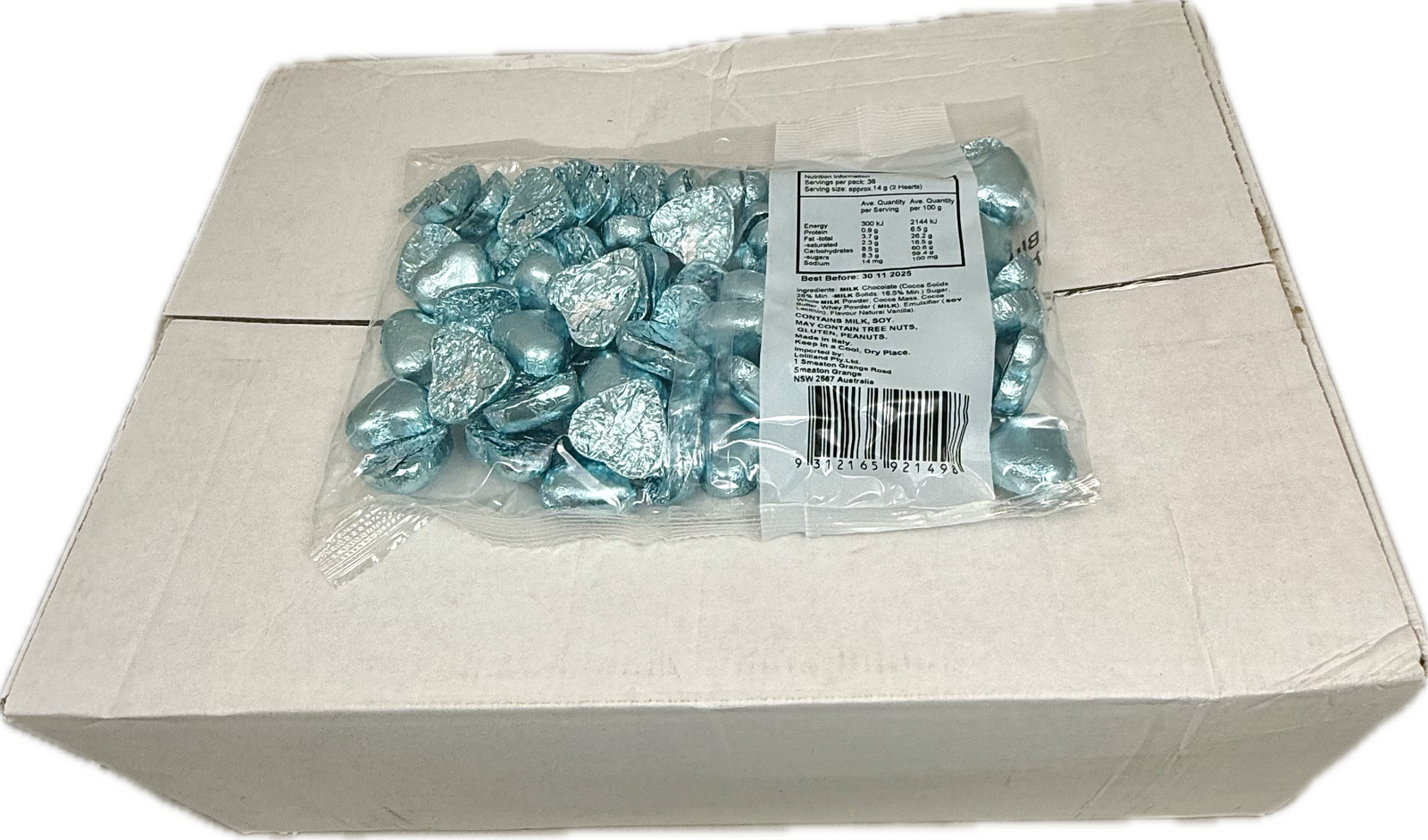 Blue Chocolate Hearts 500g Carton of 12 ( Best before - June 30.2026 )