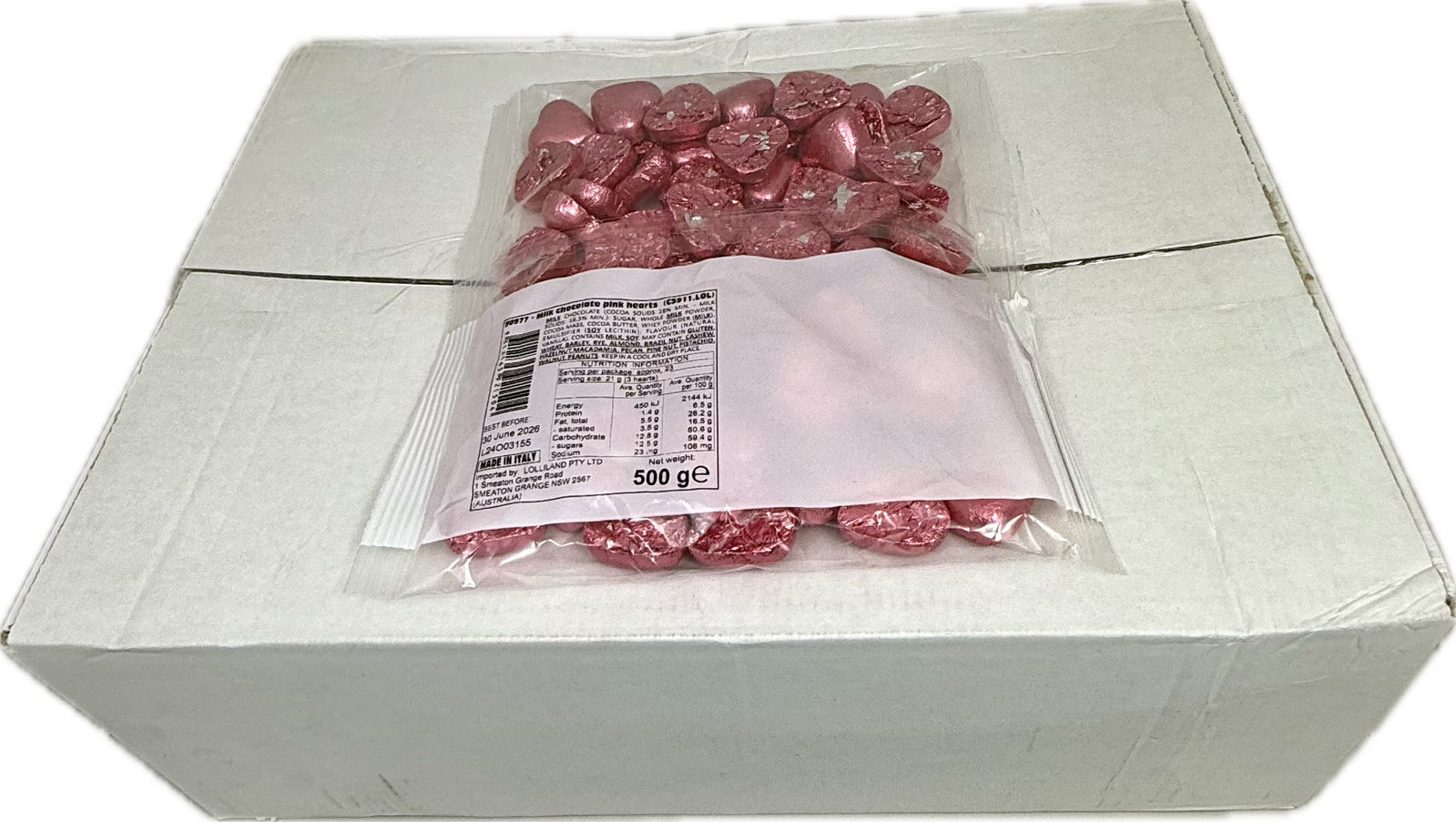 Pink Chocolate Hearts 500g Carton of 12  ( Best Before - June 30