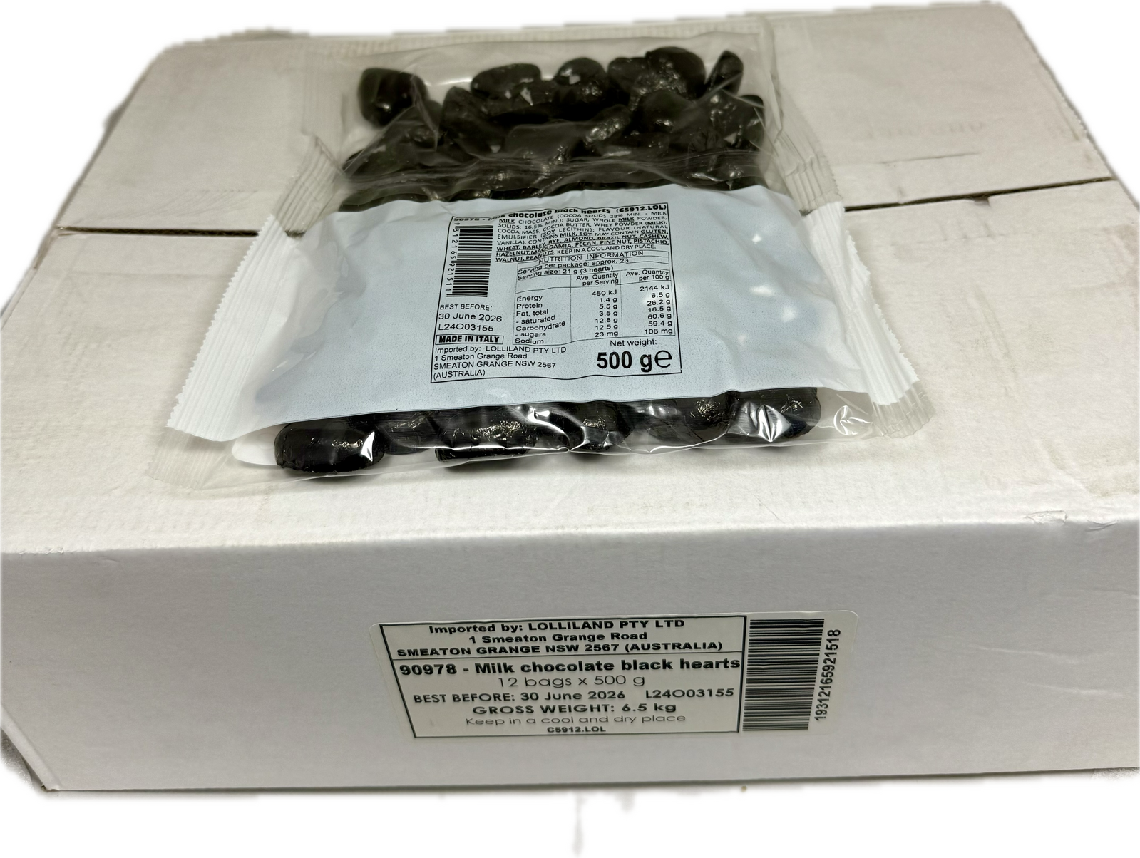 Black Chocolate Hearts 500g Carton of 12 ( Best Before - June 30